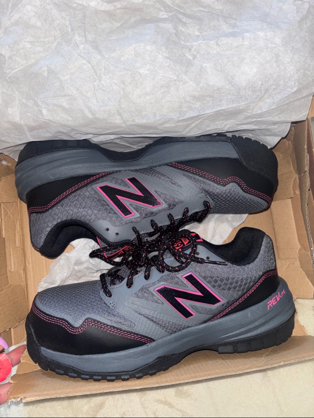 New Balance Gray & Pink Steel Toed Sneakers